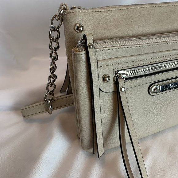 Nicole by Nicole Miller Handbag Crossbody Purse Beige Multi Zippers Adjust Strap - Picture 5 of 16